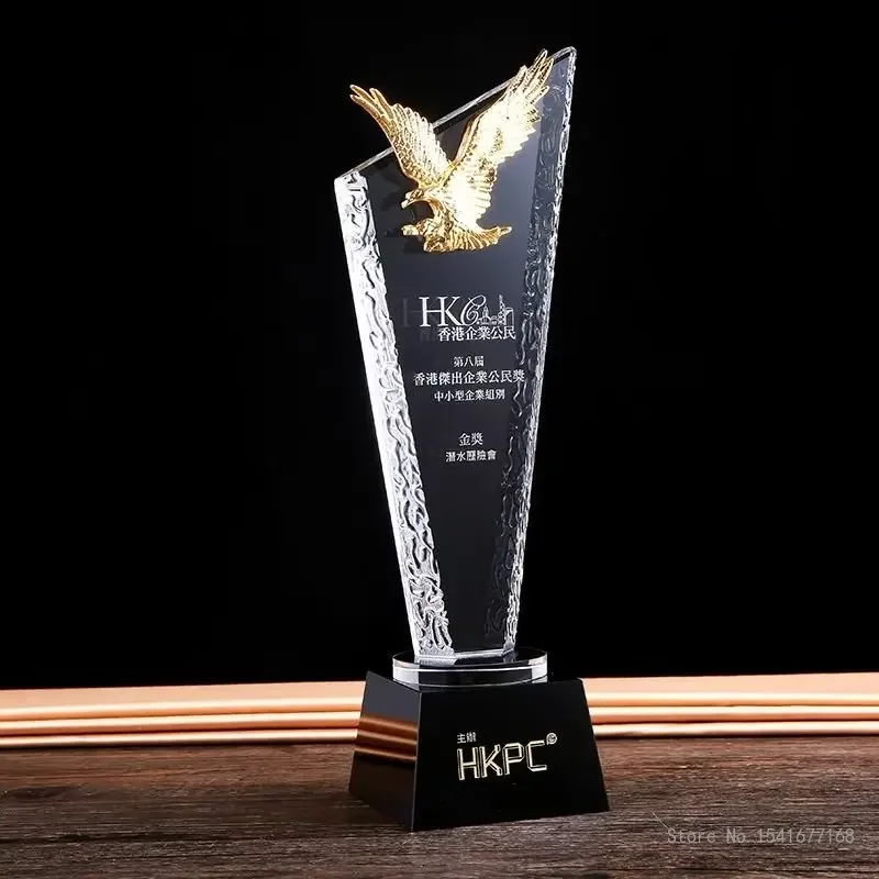 Customized Lettering, Creative Metal Golden Eagle Shaped Crystal Trophy, Sales Company, Enterprise Awards, Home Decorations, 1Pc