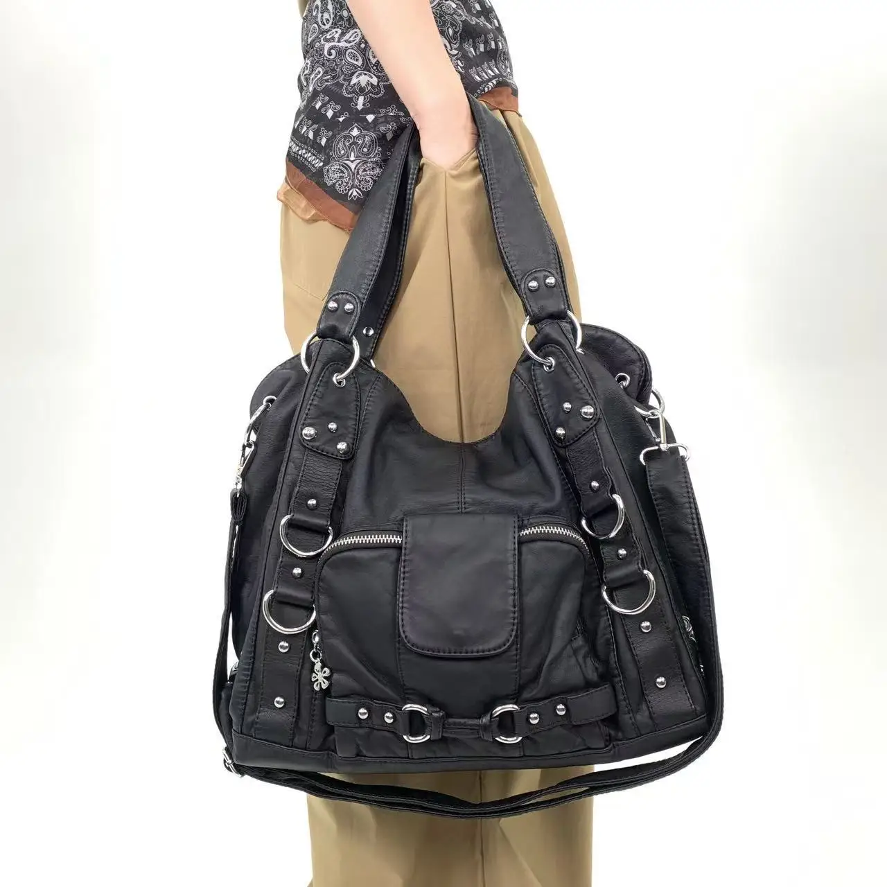 Y2K Fashion Street Personalisierte Damen-Einkaufstasche, große Kapazität, Retro-Umhängetasche aus reinem veganem Leder im Used-Look – Detail 7