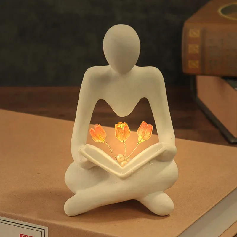 Nordic Abstract Thinker Statue Lights Lettore Creativo Tulip Book Sculpture Night Lamp Desk Collection Bookshelf Figurine Decor