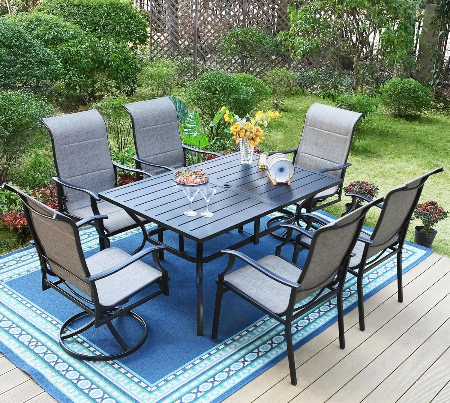 Outdoor Dining Table with Umbrella Hole and Patio Dining Chairs Waterproof & Rustproof Suitable for All Weather