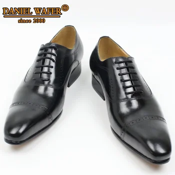 Genuine Leather Oxford Dress Shoes Men Lace Up Cap Toe Office Wedding Shoes Black Brown Brogue Pointed Oxfords Formal Shoes Men 5