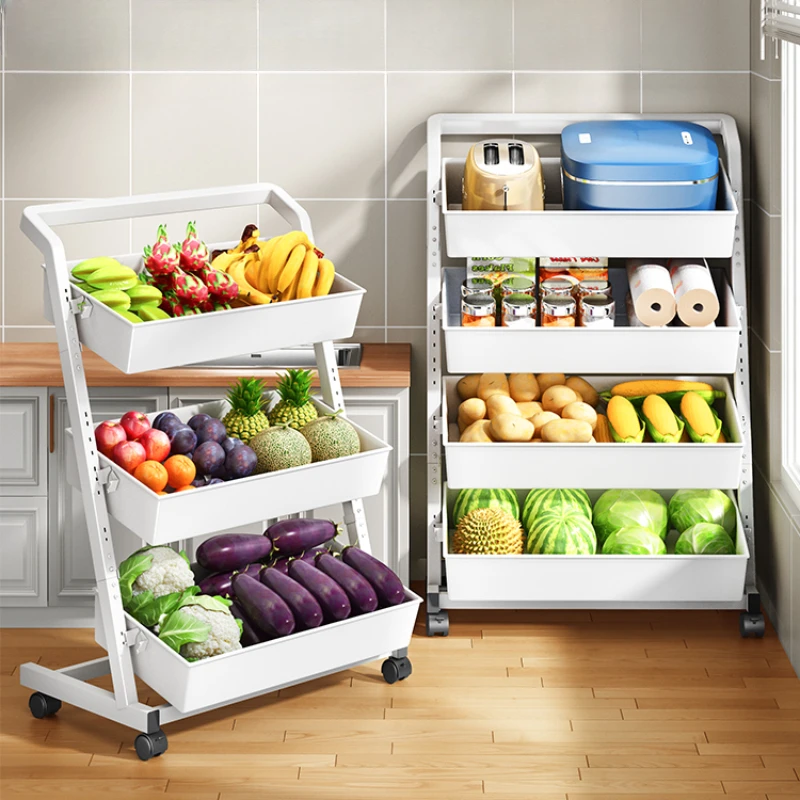 

Detachable basket rack floor-to-floor multi-storey kitchen multifunctional trolley for storing fruits and vegetables snacks.
