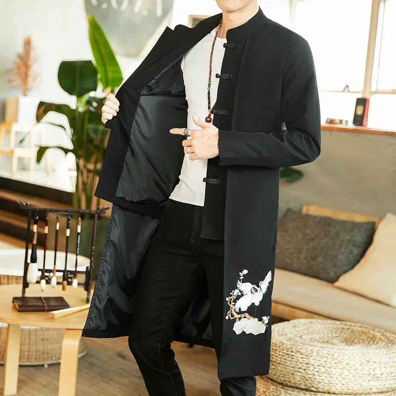 Chinese Style Tops News Coat Linen Embroidery Crane Casual Long Gown New Year Clothes Traditional Chinese Clothing for Men