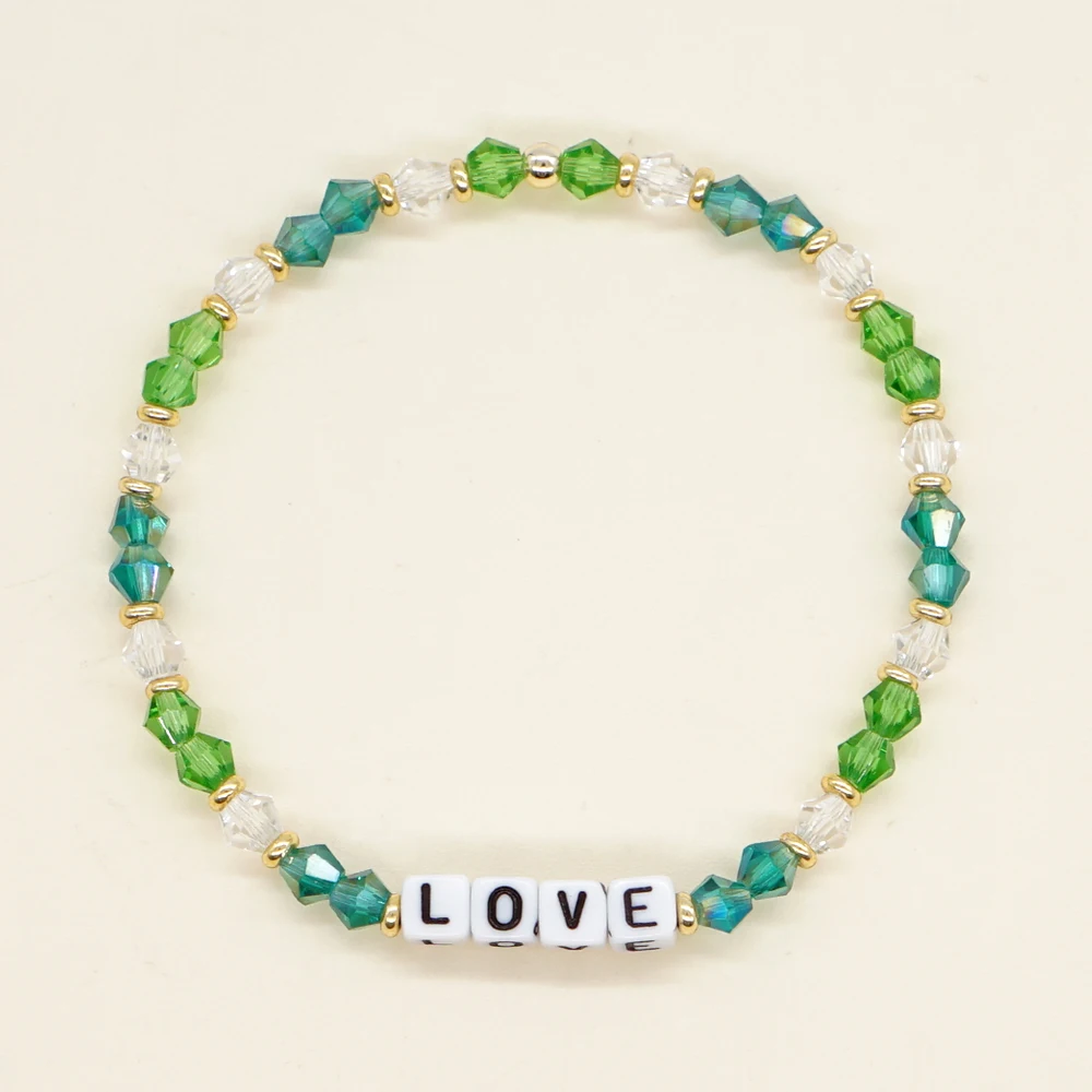 

YASTYT Love Letter Bracelet Green Crystal Beaded Stretch Bracelets for Women Fashion Jewelry Summer Beach Jewellery