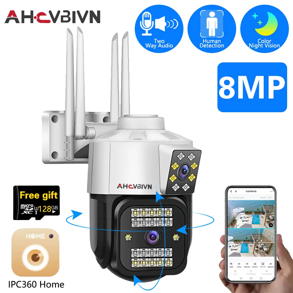 

Dual Lens Outdoor Wifi Camera 8MP 4K Wireless PTZ Color Night Vision Home Security Survalance Auto Tracking CCTV IP Camera