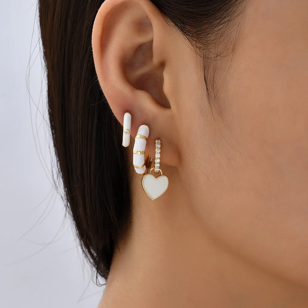 Trendy White Enamel Round Earring Hoops for Women CZ Zircon Geometric Star Heart Huggie Earring Party Jewelry Gifts