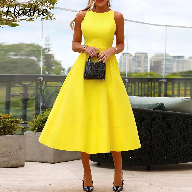 

Elegant Dresses For Women O Neck Sleeveless A-Line Beach Party Dress Women Summer Solid Office Dress Yellow 2023