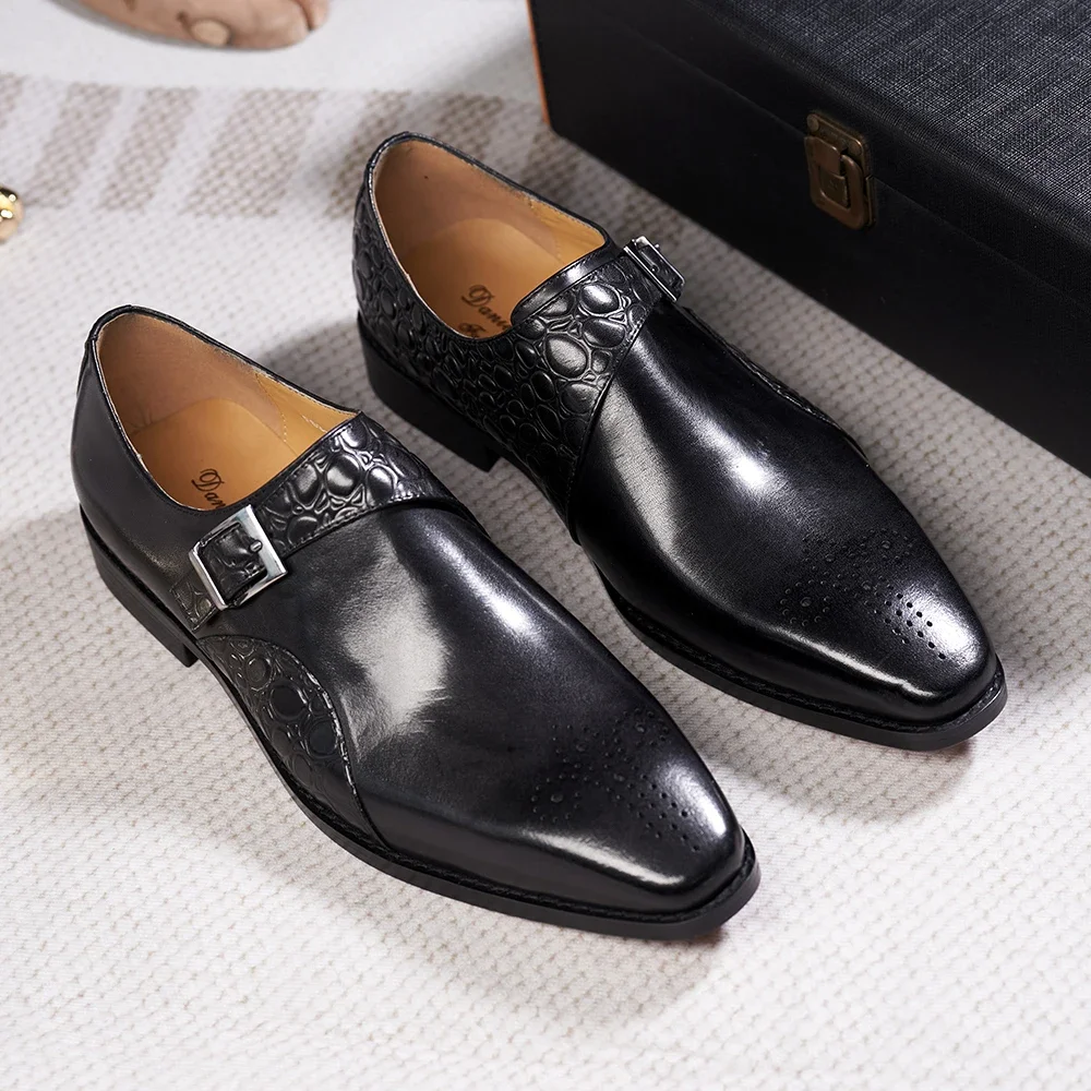 Luxury Men's Genuine Leather Monk Strap Shoes Cowhide Business Office Formal Dress Shoes with Buckle Italian Style for Weddings