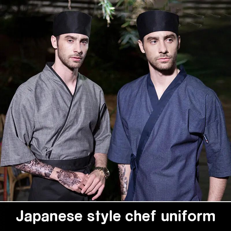 

Japanese Chef Uniform Kimono Izakaya Restaurant Cuisine Sushi Men Chef Cooking Jacket Work Tops Mid-sleeve V-neck Overalls