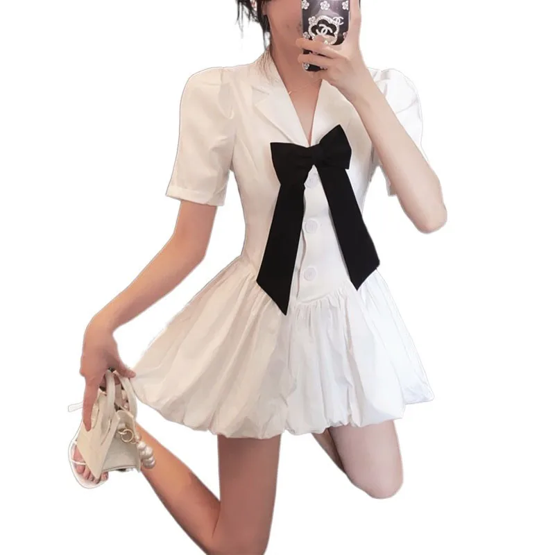 Korean Women V Neck One Piece Dress Short Sleeve Black Elegant Basic Casual Dress Bow Design Female 22 Summer Y2k Dresses Aliexpress