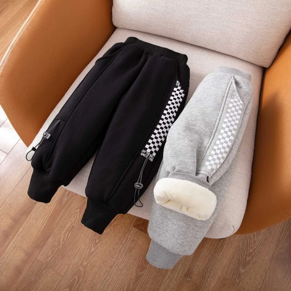

Winter Kids Fleece Plaid Sweatpants Boys Thicken Trousers 1+y Young Children Clothing Autumn Girls Warm Elastic Waist Sport Pant