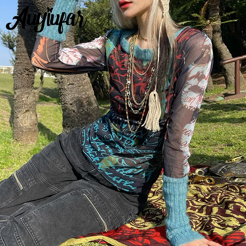 

Auyiufar Mesh See Through Fairytale Aesthetic Print T-shirts Sexy Women Retro Y2k Grunge Slim Tops Long Sleeve Patchwork Clothes