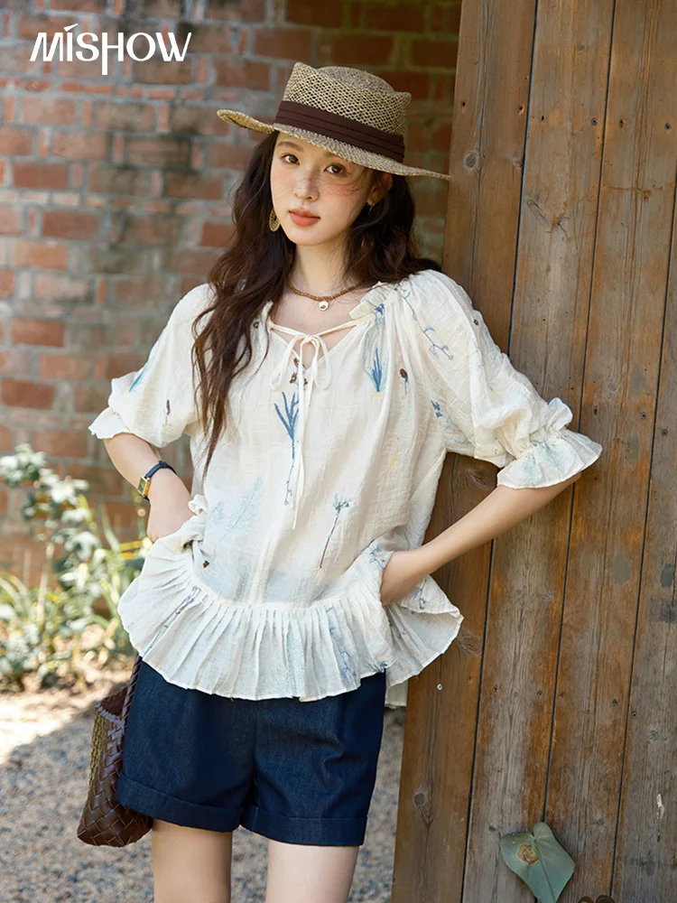 MISHOW Solid Short Flying Sleeve Blouse Round Neck Hollow Lace MXE33X1778 main image 1