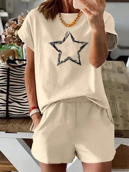 Summer women's fashion creative pentagram pattern printed casual loose round neck short sleeved T-shirt shorts two-piece set 1