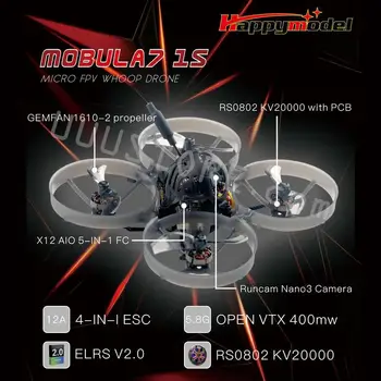 Happymodel-Mobula7 1S 드론, X12 5 인 1 AIO FC 12A opentvtx 400mW, Runcam Nano3 RS0802 KV20000 75mm FPV Tinywhoop 모델