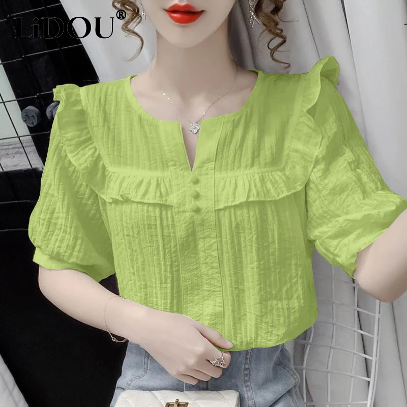 

Summer New Casual Fashion Ruffles Solid Simple Shirt Ladies Short Sleeve Loose All-match Pullover Blouse Women Oversized Tops