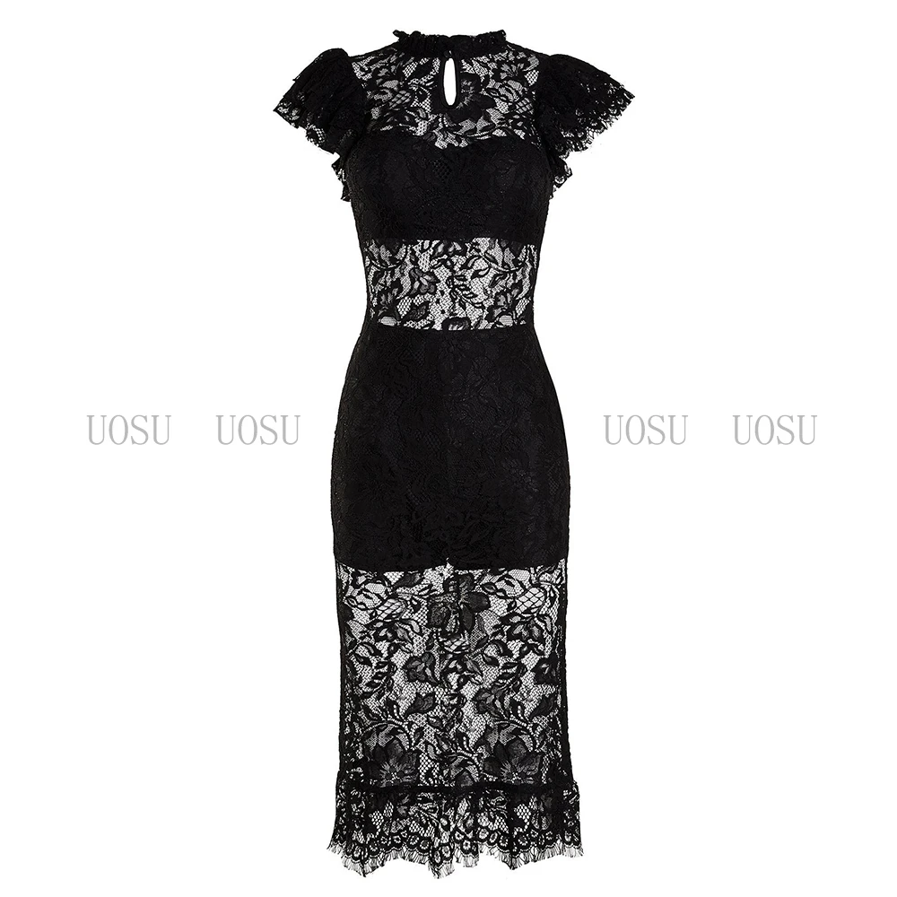 Lace Cocktail Dress Mermaid O Neck Cap Sleeves Midi Cocktail Gown Illusion Back Slit Tea Length Short Party Dresses