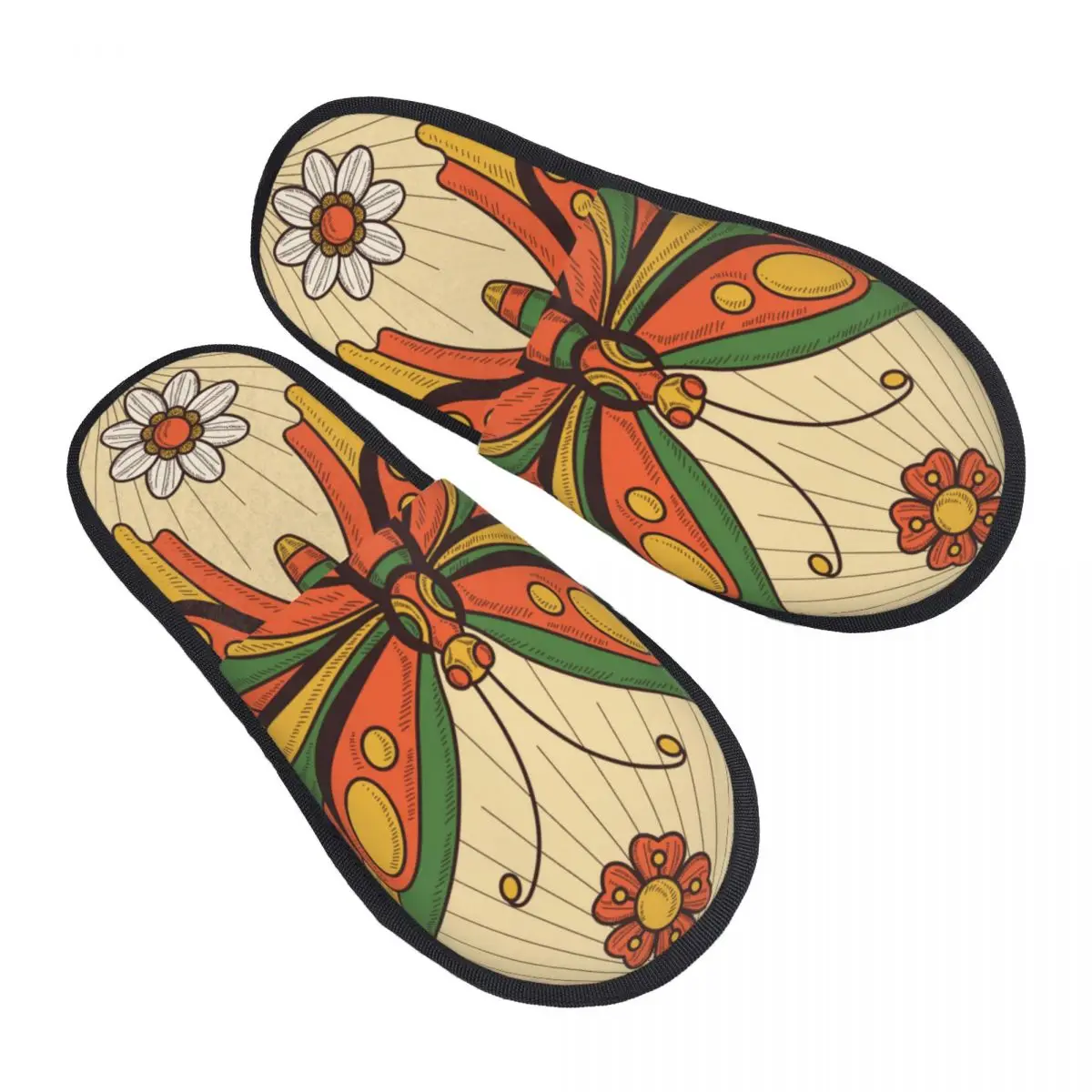 

Plush Indoor Slippers Retro Butterfly Warm Soft Shoes Home Footwear Autumn Winter