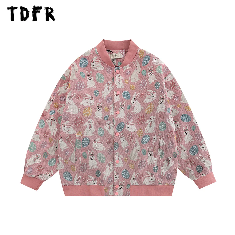 

Rabbit Print Jacket Mens Autumn Winter Casual Retro Streetwear Loose Stand collar Long Sleeve Single Breasted Jacket Men