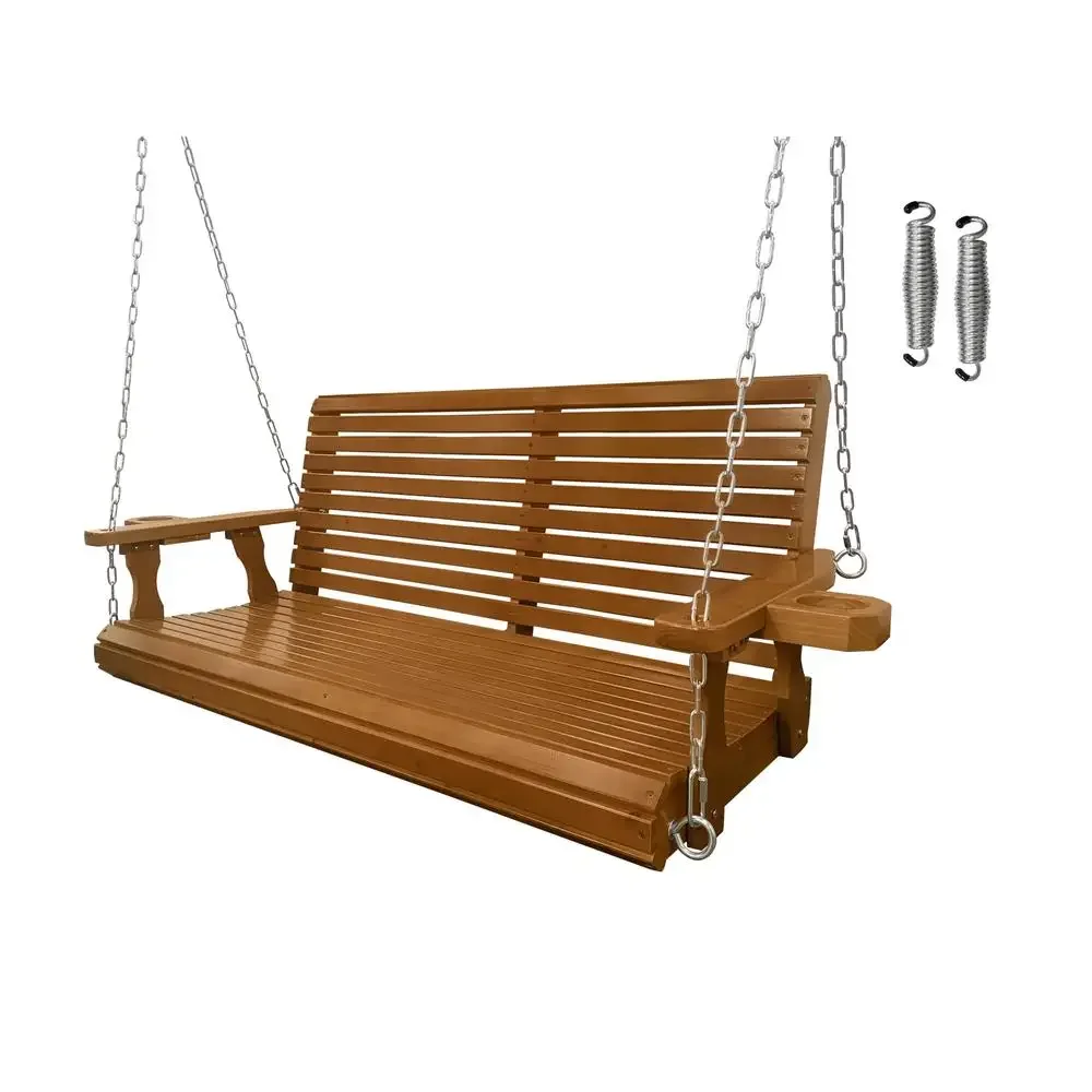 Wooden Porch Swing 2-Seater Heavy Duty 880 LBS Cupholders Outdoor Patio Garden Comfort Adjustable Springs Chains Assembly 2