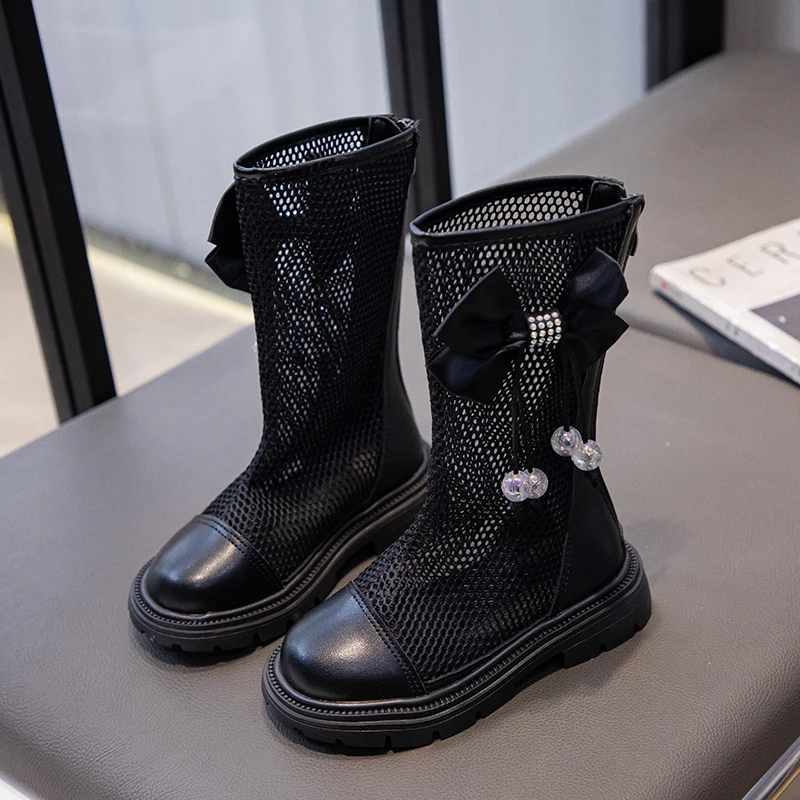 여아용 여름 샌들, 하이탑 메쉬 그물 신발, 통기성 컷아웃, 활 매듭 펜던트, 공주 달콤한 어린이 검투사