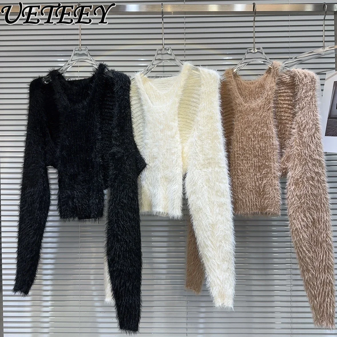 

2023 Winter New Temperament Socialite Soft Mohair Camisole Shawl for Women Knitted Cardigan Top Two-Piece Set Female Sweater