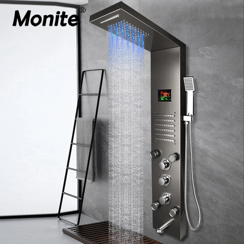 

Monite Dark Grey Nickel Brushed Digital Display Shower Panel Column LED Rain Waterfall Shower Spa Jets Bath Shower Mixer Faucet