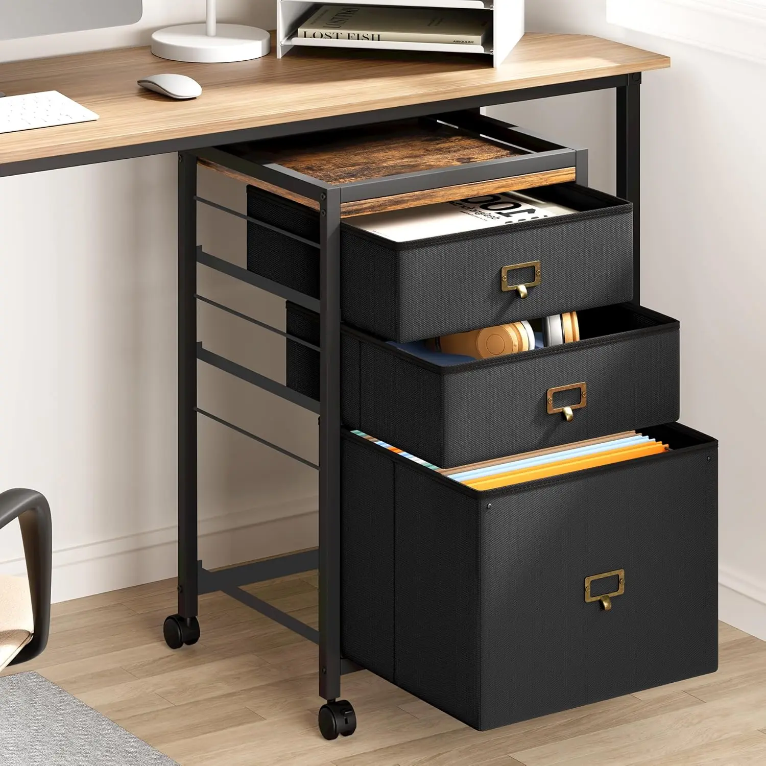 3-Drawer Mobile File Cabinet on Wheels for Home Office, Fits Letter/A4 Size, Vertical Storage, Rustic Black