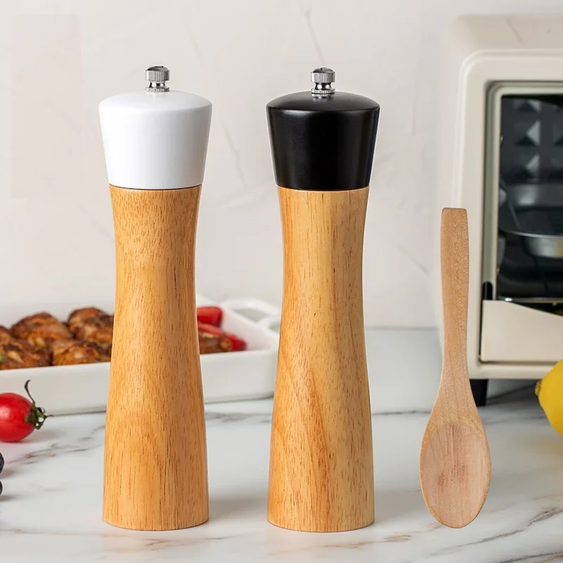 Rubber Wood Top Black White Salt Pepper Grinder Seasoning Spice Mill 8inch
