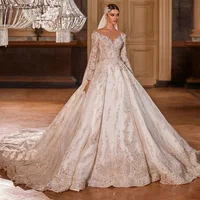 Customized Robe Mariee 2 in 1 Long Sleeve Ball Gown Wedding Dress Illusion Back Vestido De Novia Beading Appliques Gelinlik 1