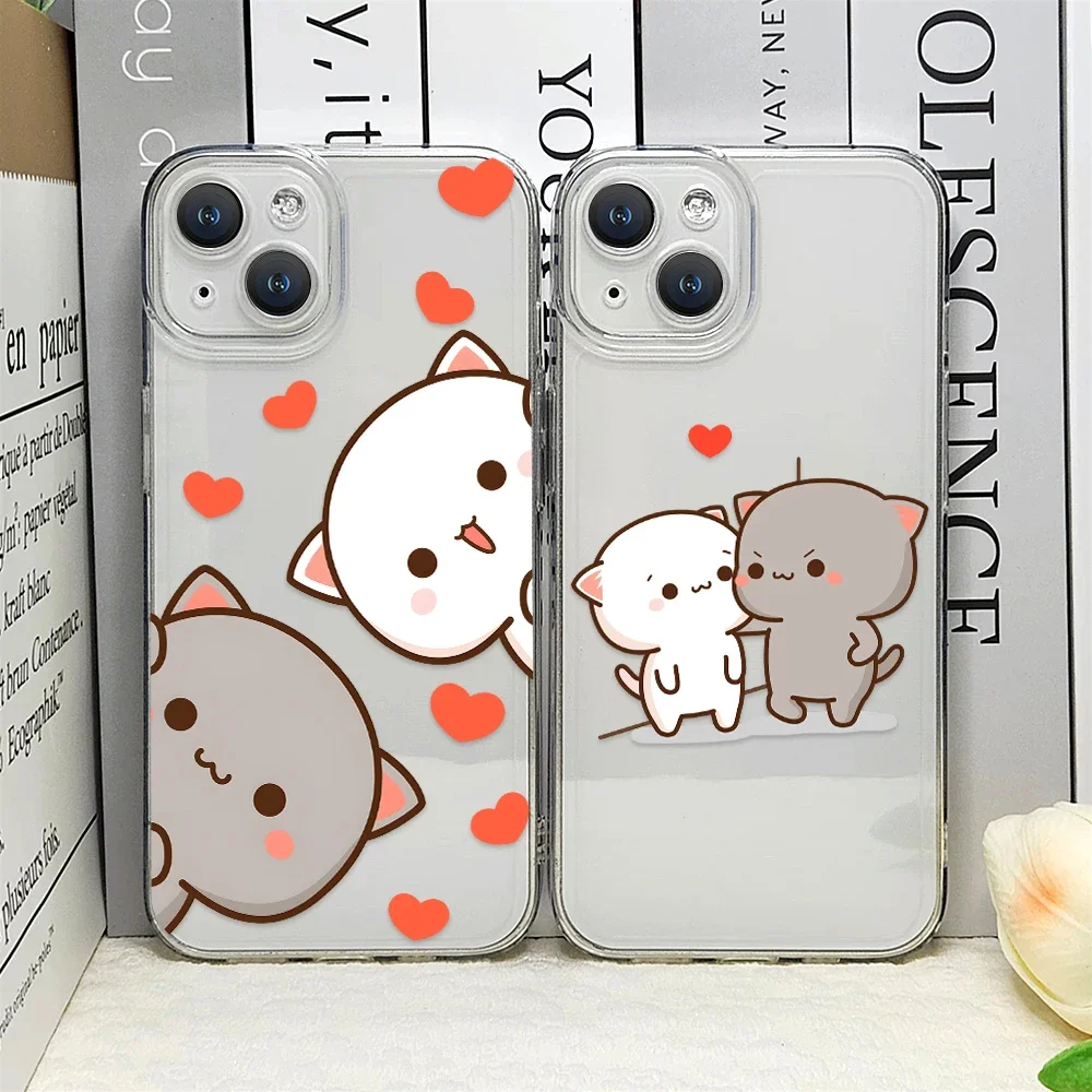 Cartoon Peach Mochi Cat Couple Transparent Soft Phone Case
