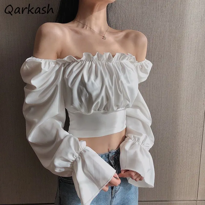 

Blouses Women Square Collar Long Flare Sleeve Fashion Cropped Tops Solid Ruffles All-match Tender Camisas Blusa De Mujer Chic