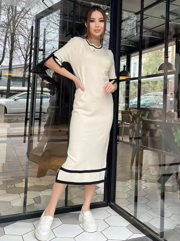 

2024 New Summer Women's Loose Knitted Dresses O-Neck Short Sleeve Colored Midi Dress Celebrity Cocktail Evening Party Vestidos