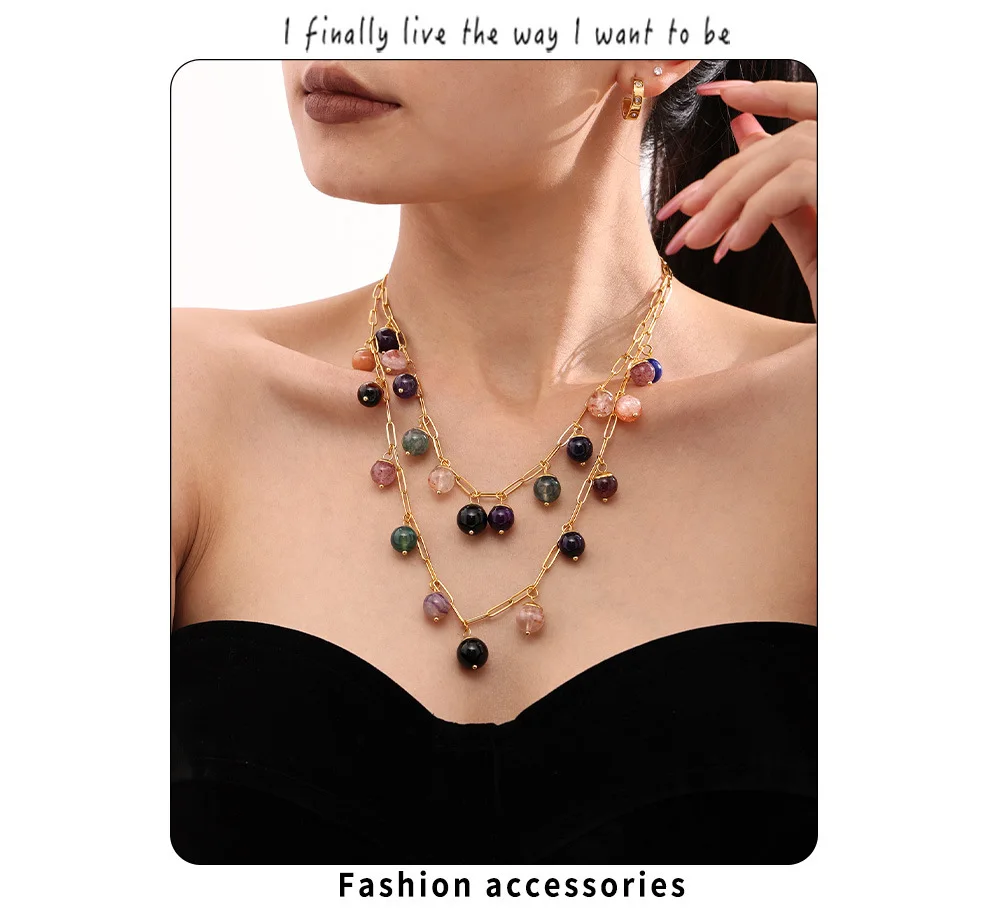 Augenfänger Runde Natursteine Halskette für Frauen Edelstahl Kette vergoldet Mode Charm Schmuck Geschenk – Detail 1