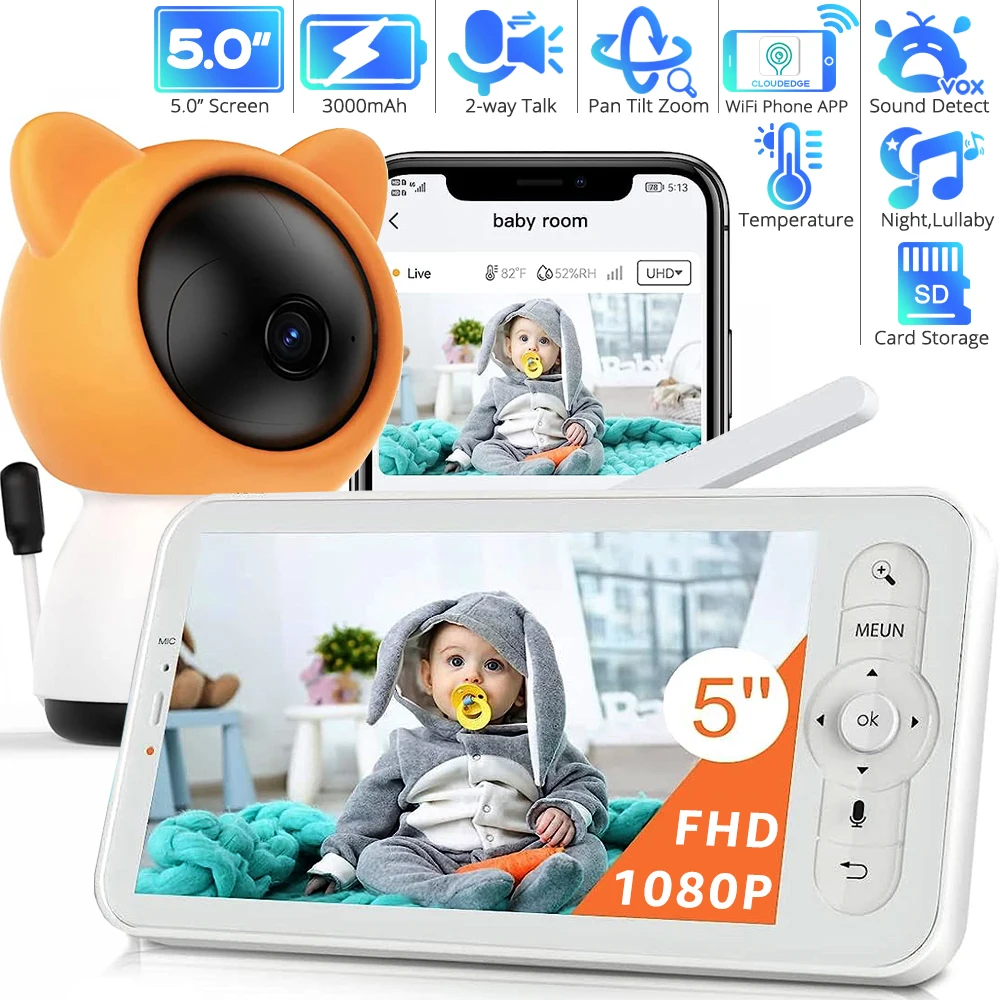 Wireless Baby Monitor Video Baby Monitor 5 Inch WiFi Baby Monitor with Phone App and Monitor Wireless Baby Phone Intercom PTZ Camera Night Vision Monitoring Nanny