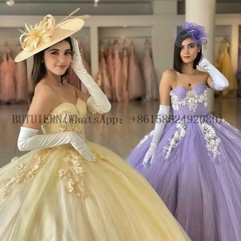 

Dramatic Champagne Quinceanera Prom dresses Sweetheart Tulle Lace Applique Pleat Ball Gown Long Formal Party Sweet 16