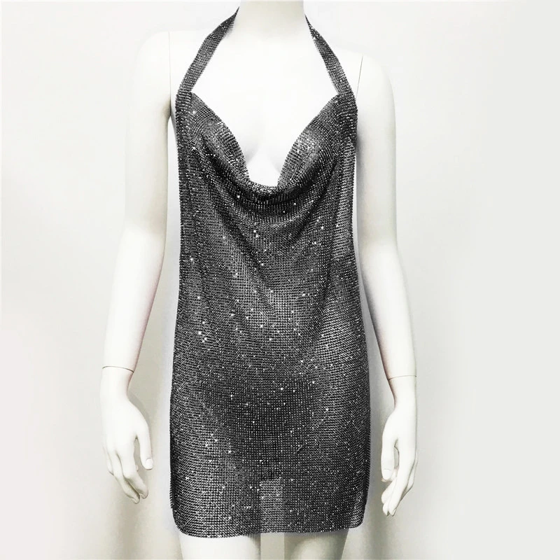 Hohe Qualität Glänzende Vestidos Strass Frauen Diamant Kleider Sexy Metall Hängenden Hals Hohe Split Mode Mädchen Kurze Sparkle Kleid – Detail 11