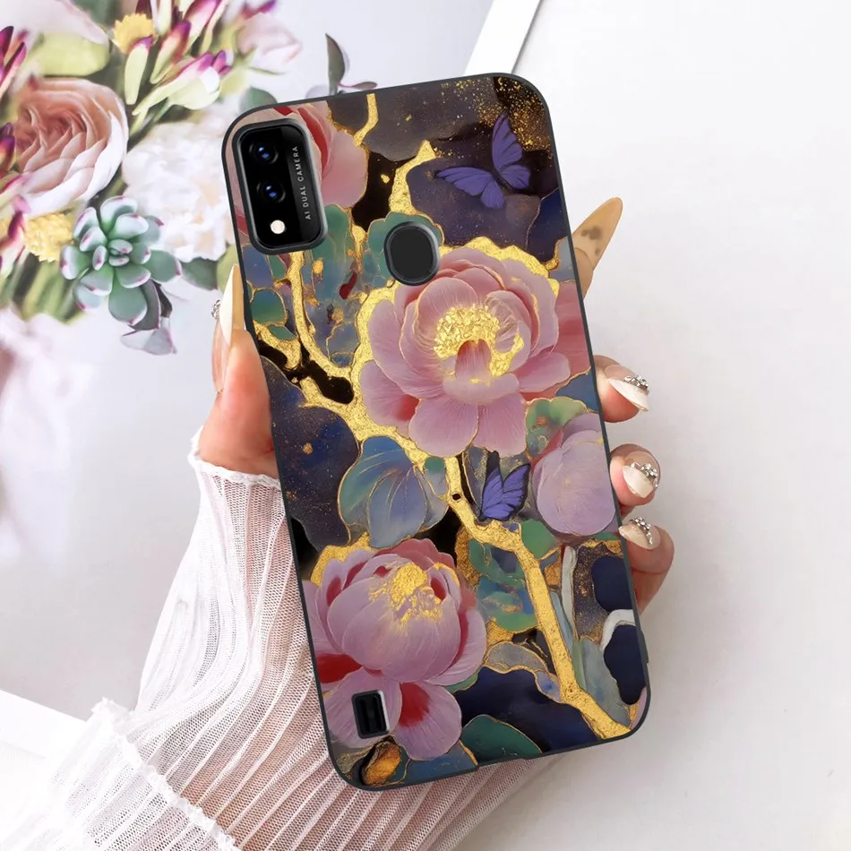 Charming Floral Butterfly Cat Black Silicone Phone Case
