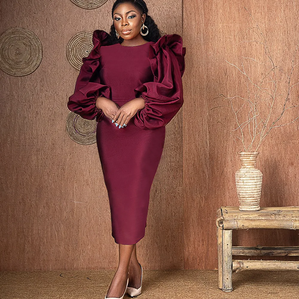 

Women's Dress Round Neck Wooden Ear Edge Lane Sleeps High Waited Party Banquet Dress Wine Red Formal Occasion Dress 2023