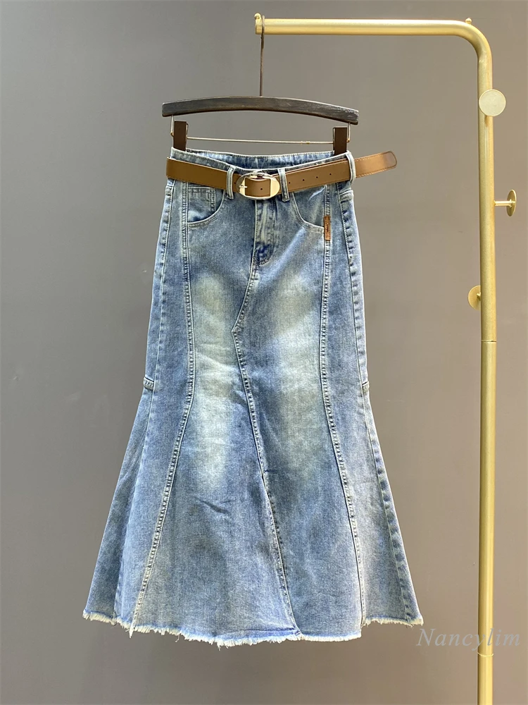 2024 Spring and Summer New Retro Denim Fishtail Skirt Women's High Waist Slit Frayed A- Line Midi Skirt Lady Street Falda xuru street trend cool style early autumn 2023 foreign trade design sense printed metal buckle denim drape pants