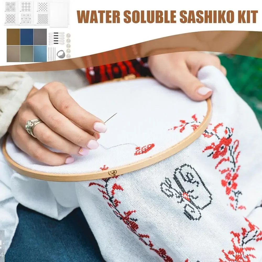 Thread and Needles Kit Sashiko Thimble Sashiko Fabric cotton cloth Water Soluble Embroidery Practice Thimble Sewing Set