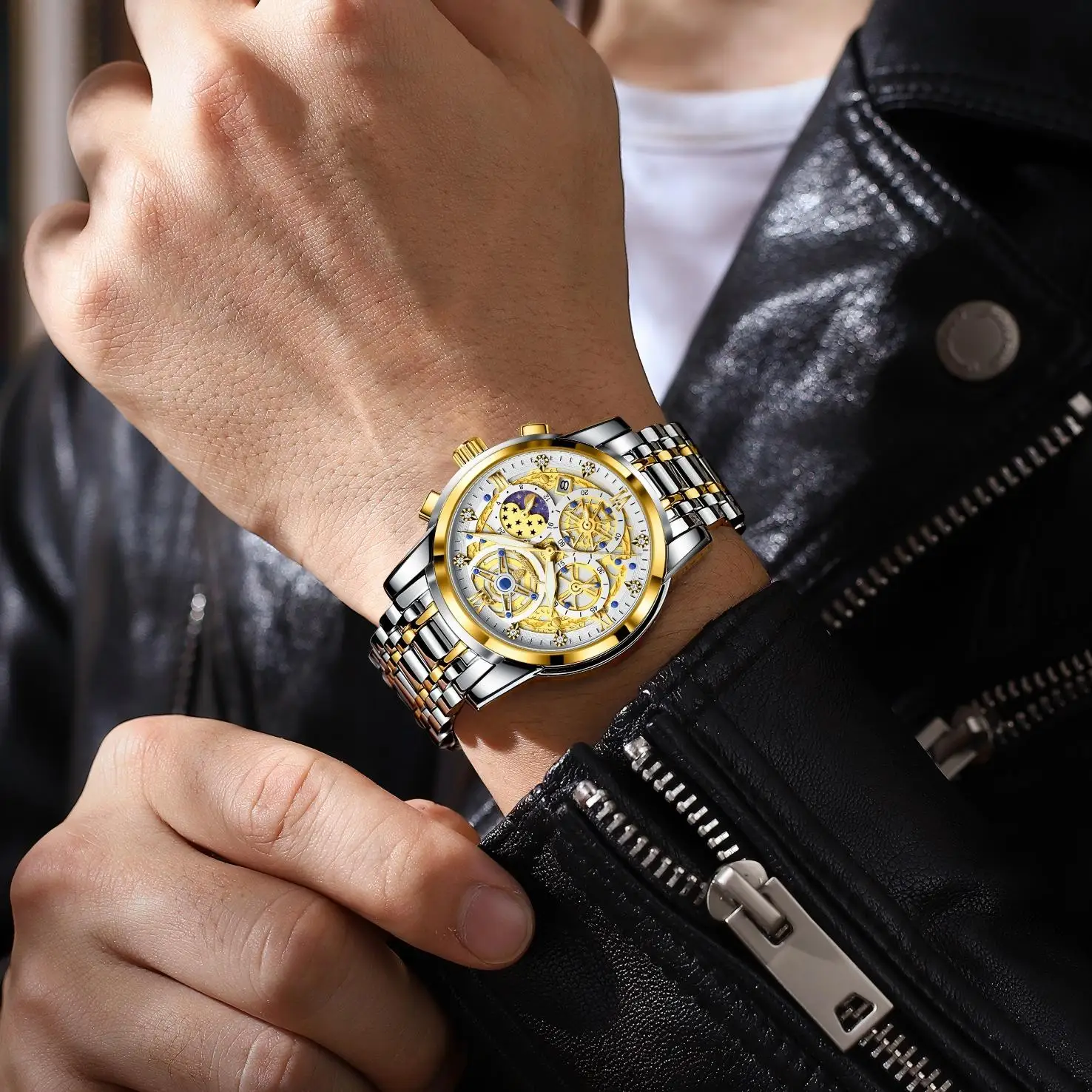 Hochwertige Herrenuhr aus Edelstahl, Datumsanzeige, Chronograph, Quarzwerk, wasserdicht, Leuchtzeiger_voghion.com