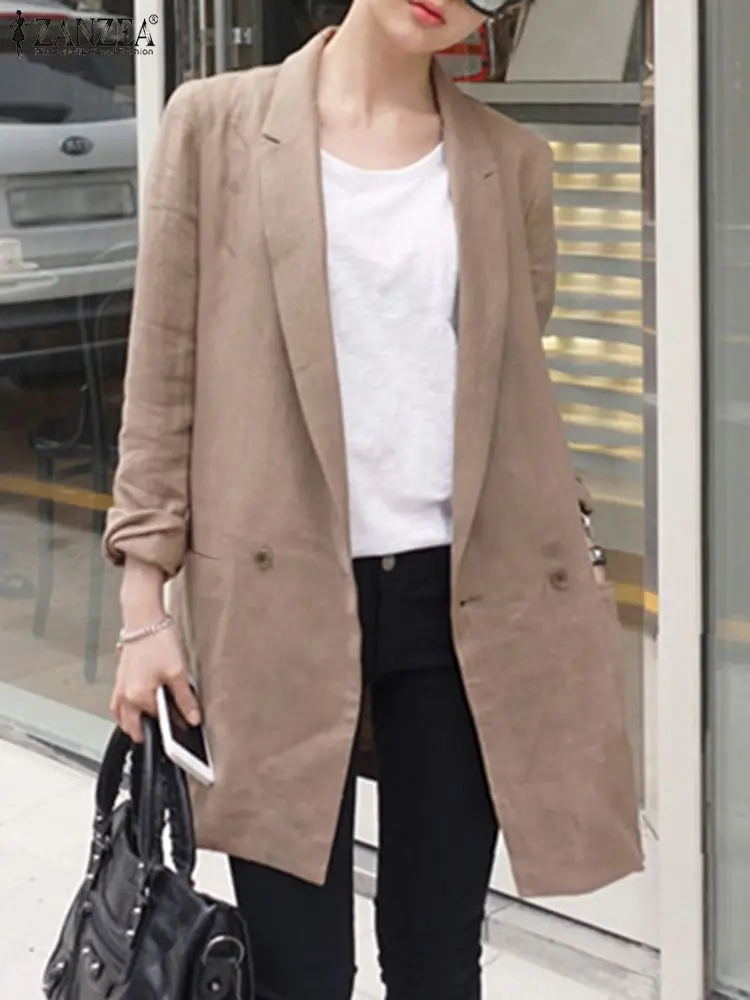 ZANZEA Fashion Women Long Sleeve Blazer Casual Solid Lapel Coat Oversized Cotton Linen Jackets 2023 Spring Autumn Loose Outwears