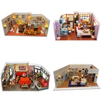 DIY Wooden Miniature Model Kit Friends Casa 3D Puzzle Monica‘s Room Villa Dollhouse With Furniture Lights Home Decor Gifts 1