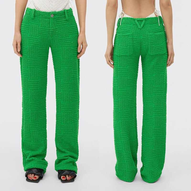 

Autumn and winter new woven jacquard terry cloth straight pants, all-match trend green striped casual high waist trousers women