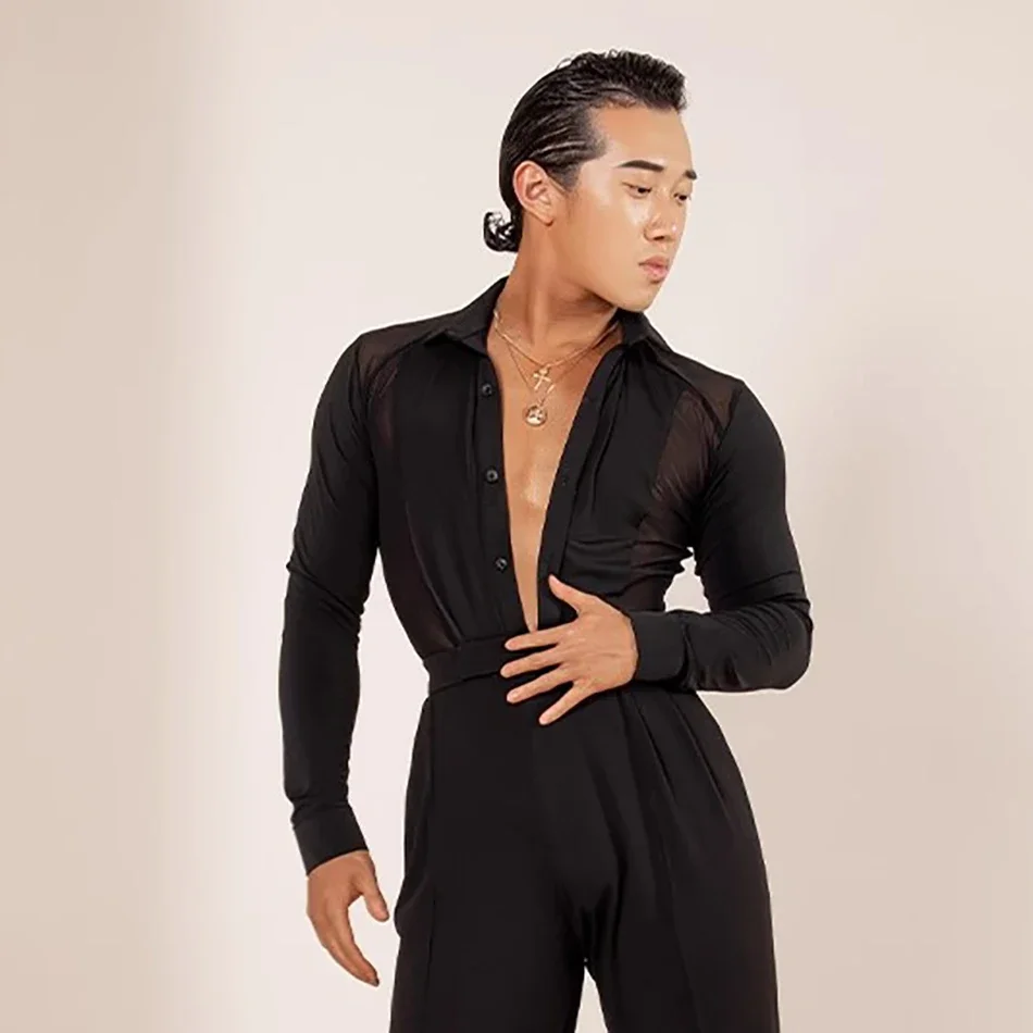 

Дизайнерские топы с длинным рукавом и пуговицами, Мужская одежда для латиноамериканских танцев, для бальных танцев, самбы, румбы, сценическая одежда для выступлений и танцев