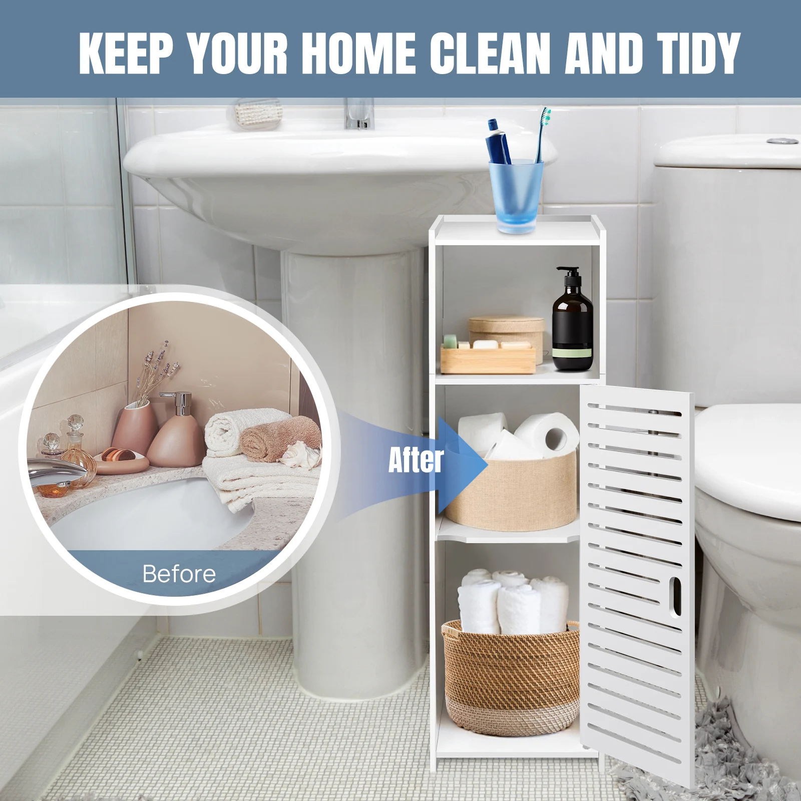 Narrow 3-Tier Storage Cabinet with Door - Space-Saving Bathroom Shelf Organizer for Kitchen, Living Room, Hallway: 3 - 5 Days Free Delivery Only UK