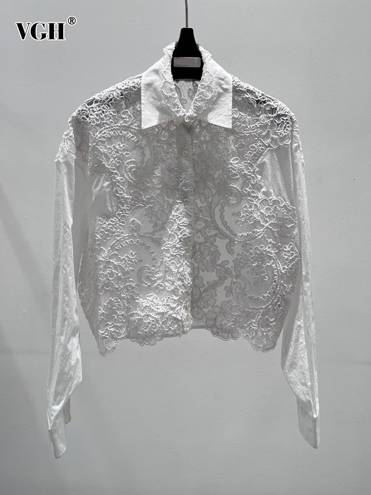 

VGH Solid Embroidery Casual Blouses For Women Lapel Long Sleeve Spliced Single Breasted Temperament Shirts Female Fashion New
