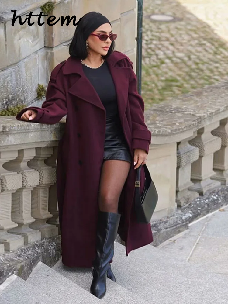 Street Women's Burgundy Woolen Overcoat With Belt Vintage Lapel Double Breasted Long Coat 2024 Autumn Winter Lady Chic Outwear 6