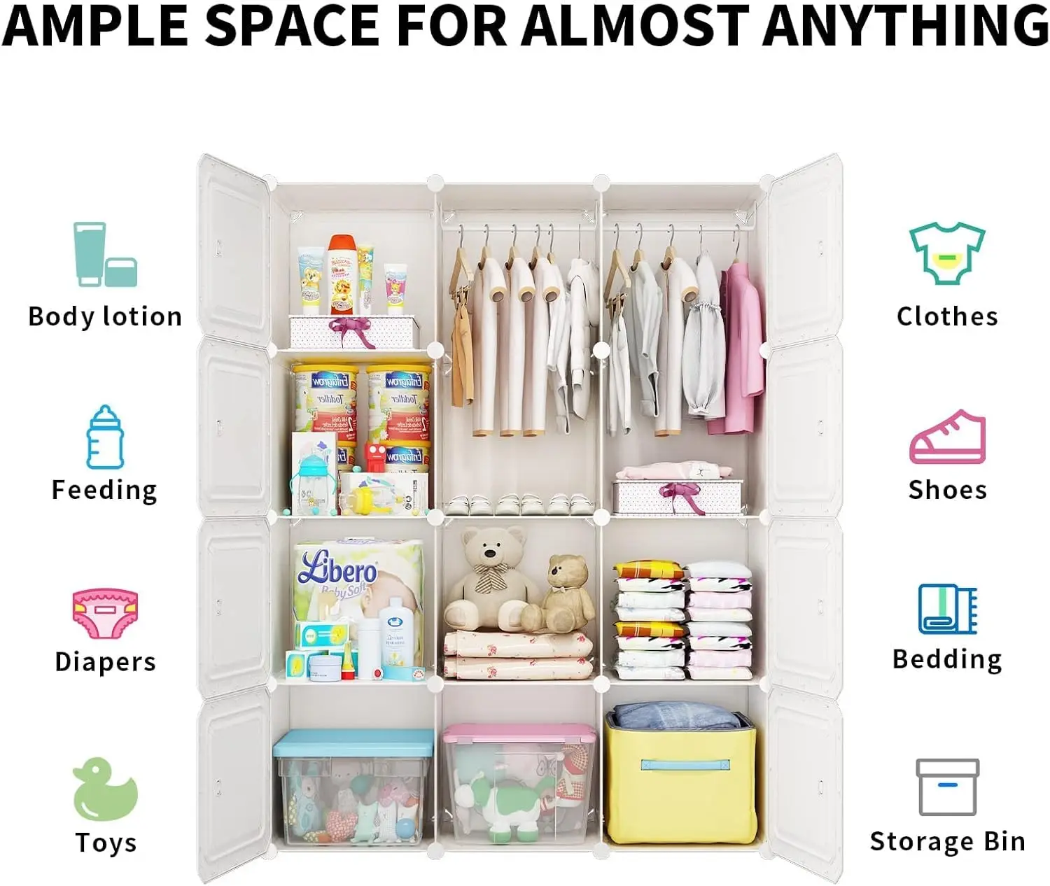 Kids Wardrobe Closet,Baby Girl Closet Cabinet with Door,The Open Hanging Children Costume Area and 6 Cube Stroage. The First